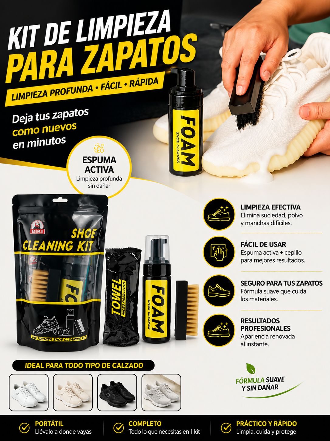 Kit de Limpieza para Zapatos BIKI | Espuma Limpiadora con Cepillo y Paño
