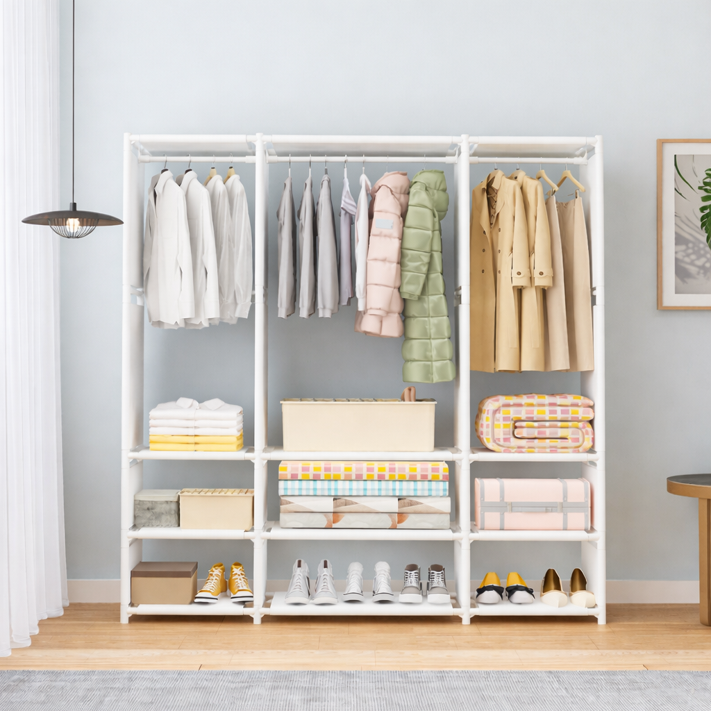 Closet Armable de Tela con Estructura de Acero Reforzado –  3 Filas, Color Blanco o Negro