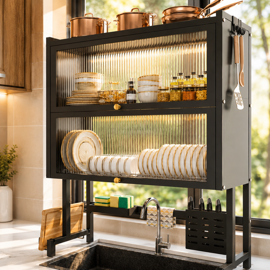 Organizador Rack Doble Puerta Acrílica para Fregadero – Acero Inoxidable Negro