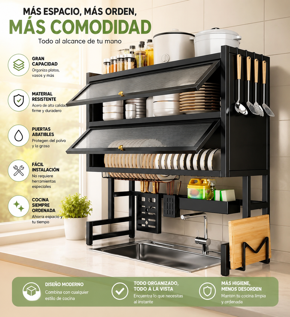 Organizador Rack Doble Puerta Acrílica para Fregadero – Acero Inoxidable Negro