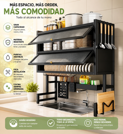 Organizador Rack Doble Puerta Acrílica para Fregadero – Acero Inoxidable Negro