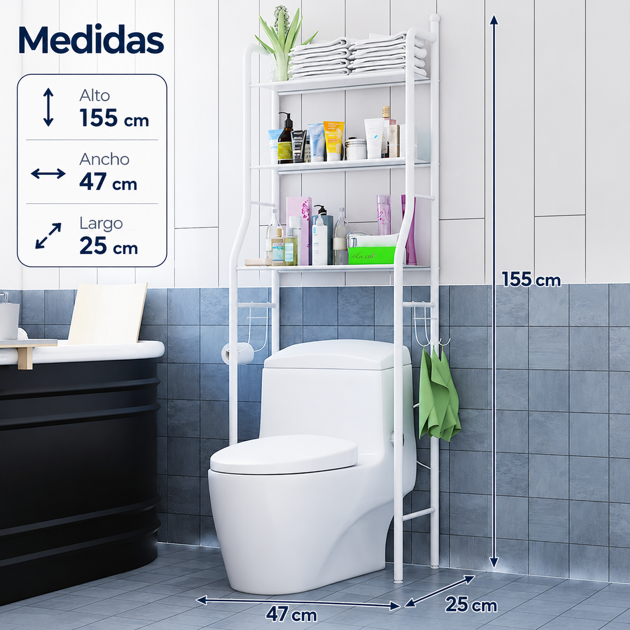 Organizador de Baño 3 Niveles con Accesorios – Acero Inoxidable Blanco