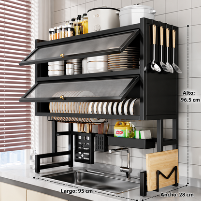 Organizador Rack Doble Puerta Acrílica para Fregadero – Acero Inoxidable Negro