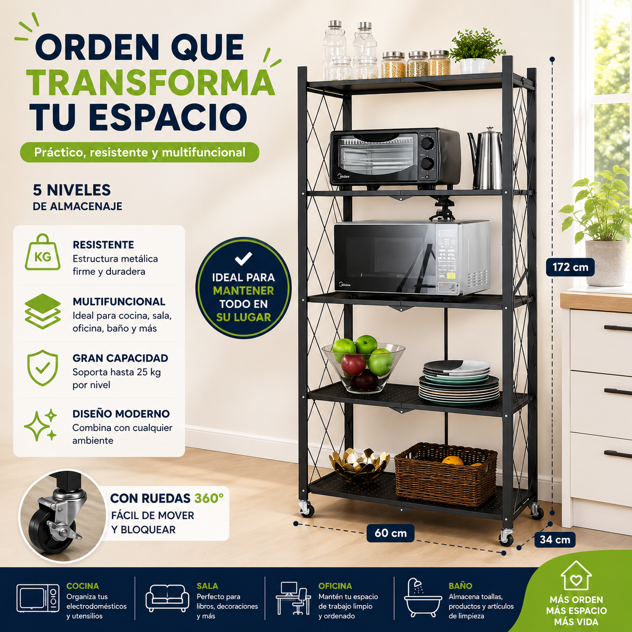 Estante Multiusos Plegable 5 Niveles con Ruedas – 160x71 cm