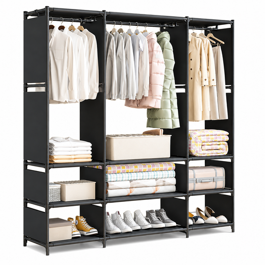 Closet Armable de Tela con Estructura de Acero Reforzado –  3 Filas, Color Blanco o Negro