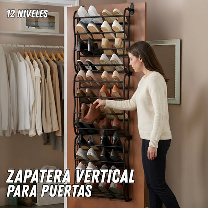 Zapatera Vertical para Puertas – 12 Niveles, 36 Pares, Color Negro