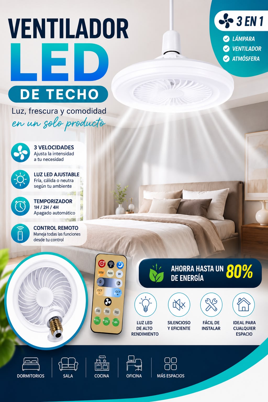 Ventilador LED de Techo 3 en 1 con Control Remoto – Bombillo Ventilador