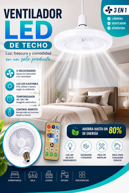 Ventilador LED de Techo 3 en 1 con Control Remoto – Bombillo Ventilador