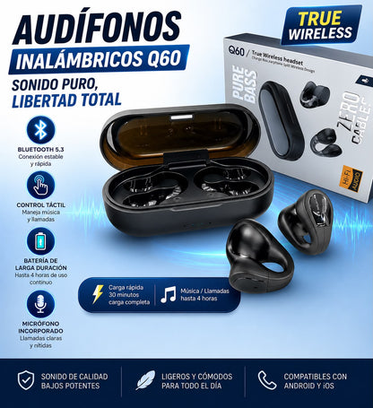 Audífonos Inalámbricos Q60 TWS Pure Bass – Open-Ear Clip-On