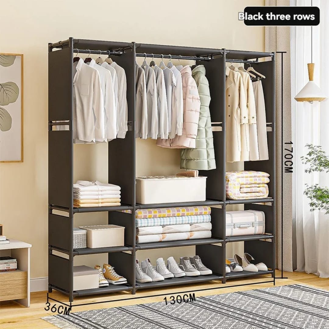 Closet Armable de Tela con Estructura de Acero Reforzado –  3 Filas, Color Blanco o Negro