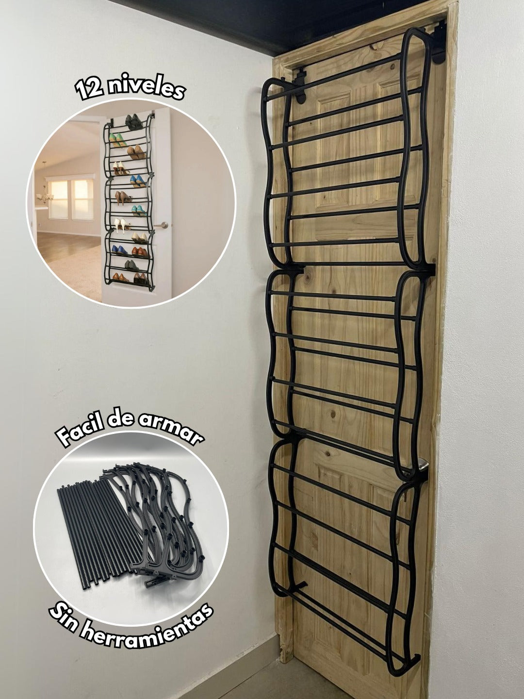 Zapatera Vertical para Puertas – 12 Niveles, 36 Pares, Color Negro