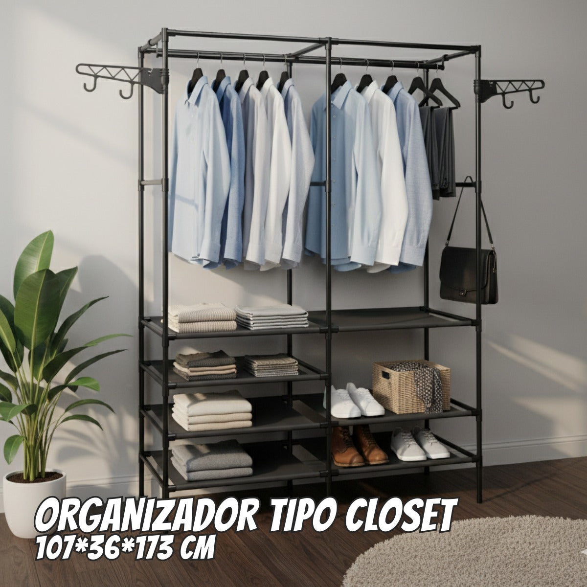 Organizador Tipo Closet con Barras y Repisas – 110x36x137 cm Negro