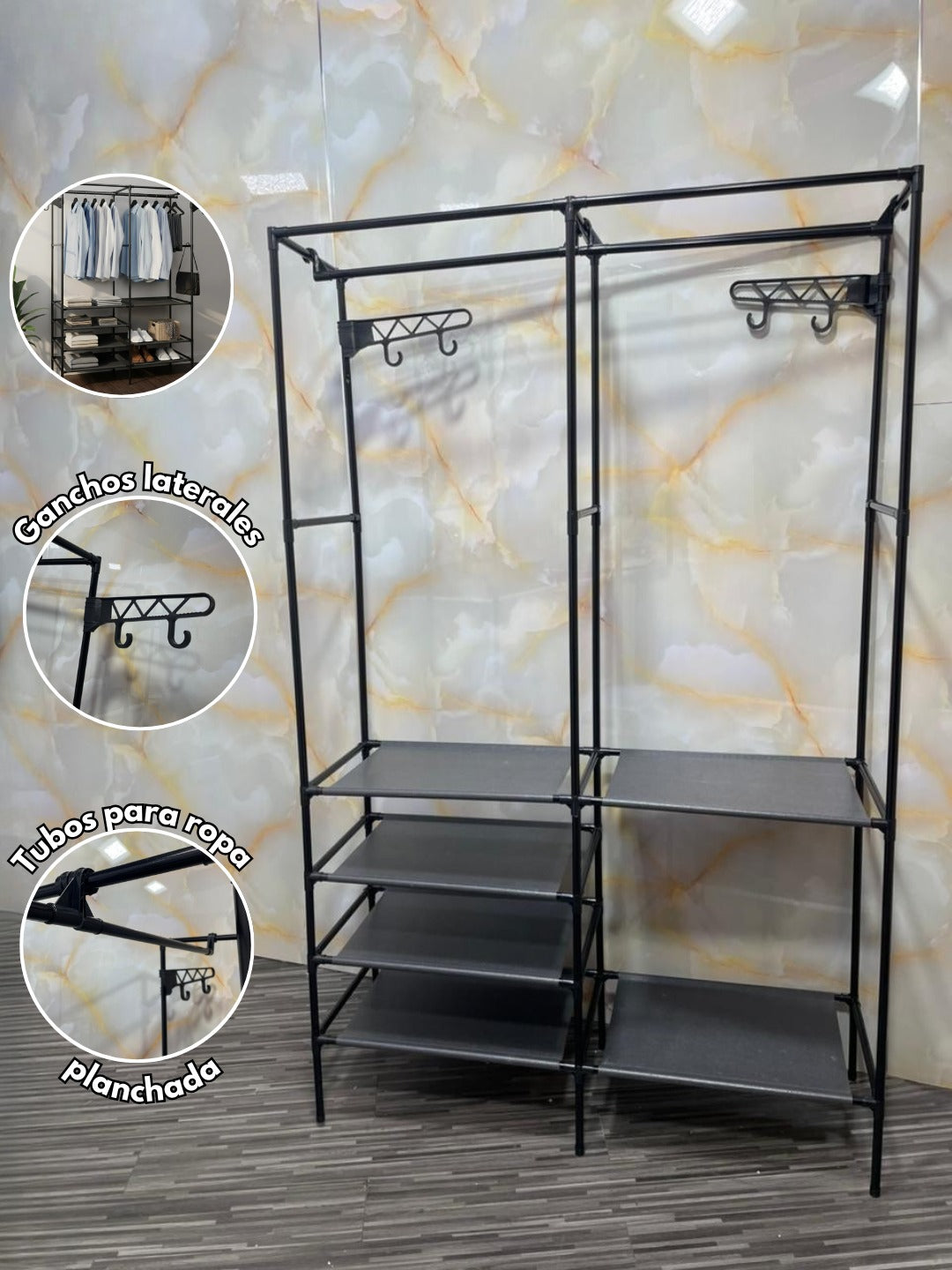 Organizador Tipo Closet con Barras y Repisas – 110x36x137 cm Negro